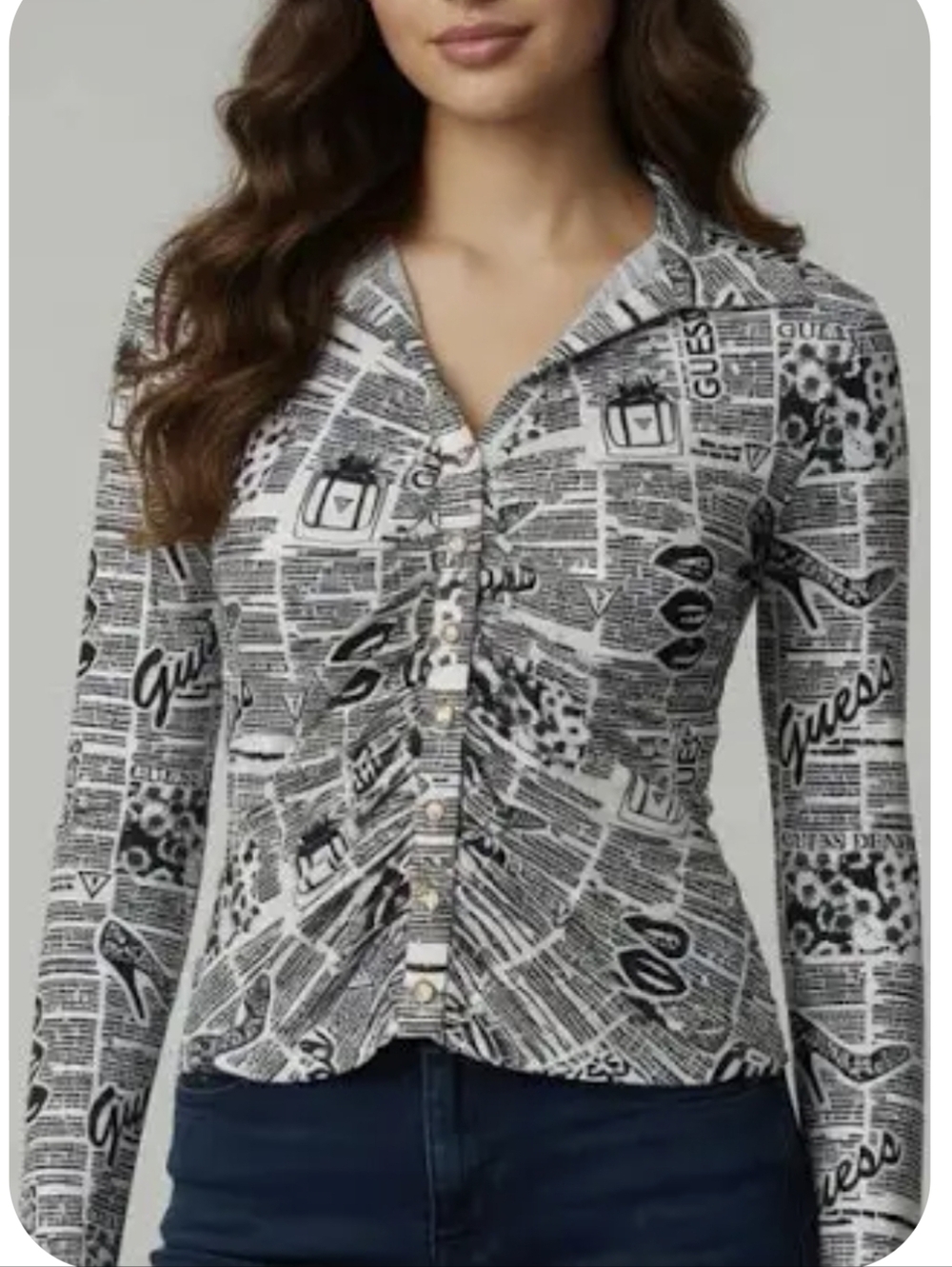 Guess Black & White Newsprint Ruched Button-Up Top